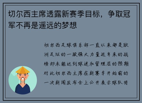切尔西主席透露新赛季目标，争取冠军不再是遥远的梦想